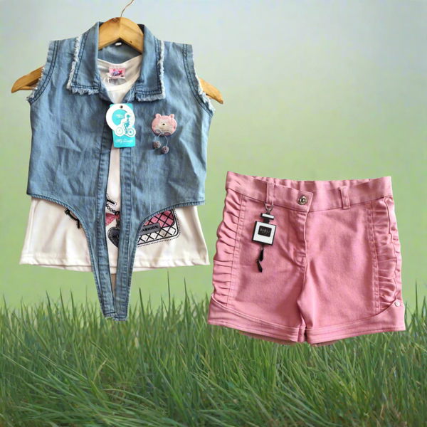 girls western stylish 3 piece top and short set with denim jacket ( wtbx 6)