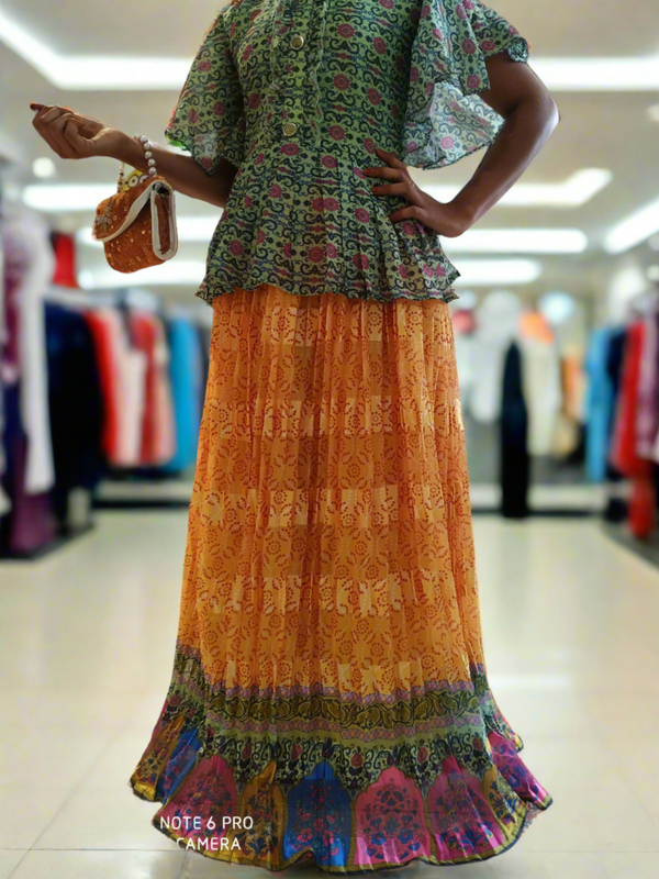 girls western long skirt top model, green & yellow( wtbx 21)