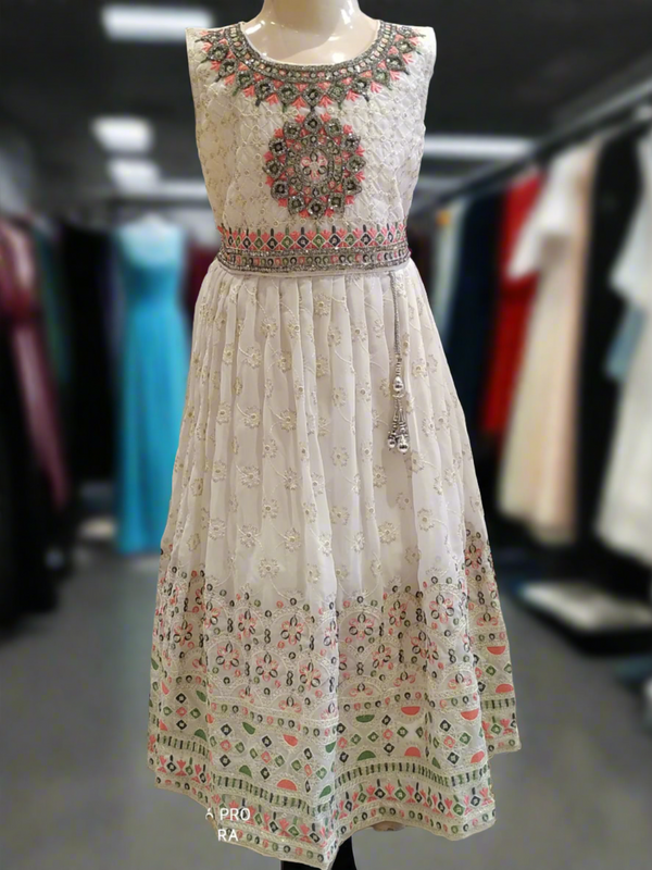 girls traditional / festive wear frock with work , colour white ( e 11 )