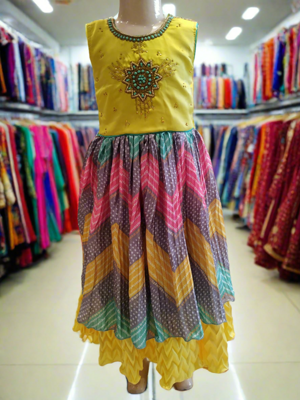 girls bandhani pattern beautiful frock , yellow  ( e 14)