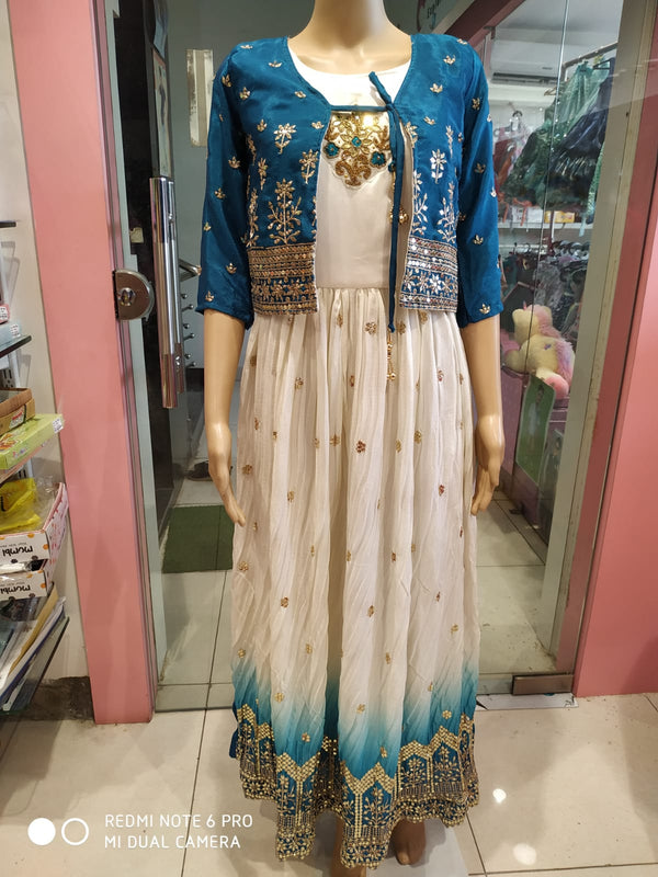 Ethnic long gown partywear white shaded with blue jacket ( e 37)
