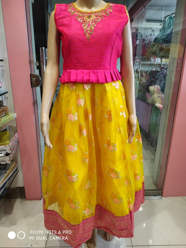 ethnic long frock pink and yellow ( e 36 )