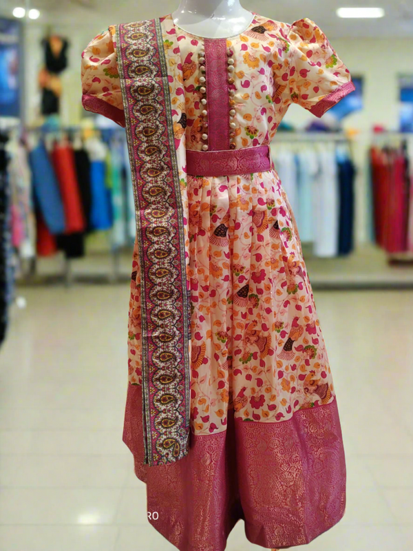 girls festive wear , beautiful kalamkari print frock/ gown , with dupatta ( e 43)