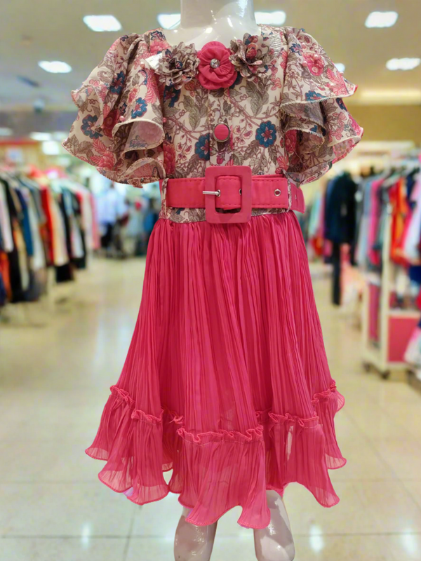 baby girl flayered frock with belt , pink ( e 45)