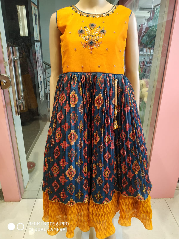 girls beautiful flayered frock/ gown, yellow& blue ( e 61)