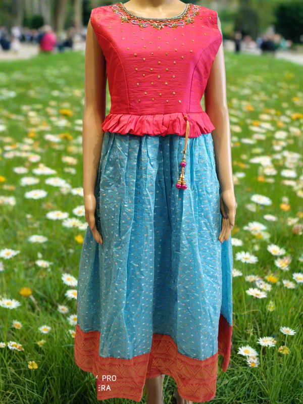 girls festive wear , beautiful frock/ gown, sky blue & pink ( e 60)