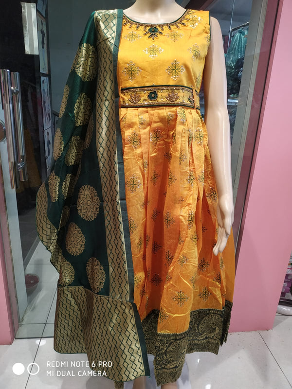 girls festive wear , beautiful frock/ gown, yellow with dupatta ( e 54)