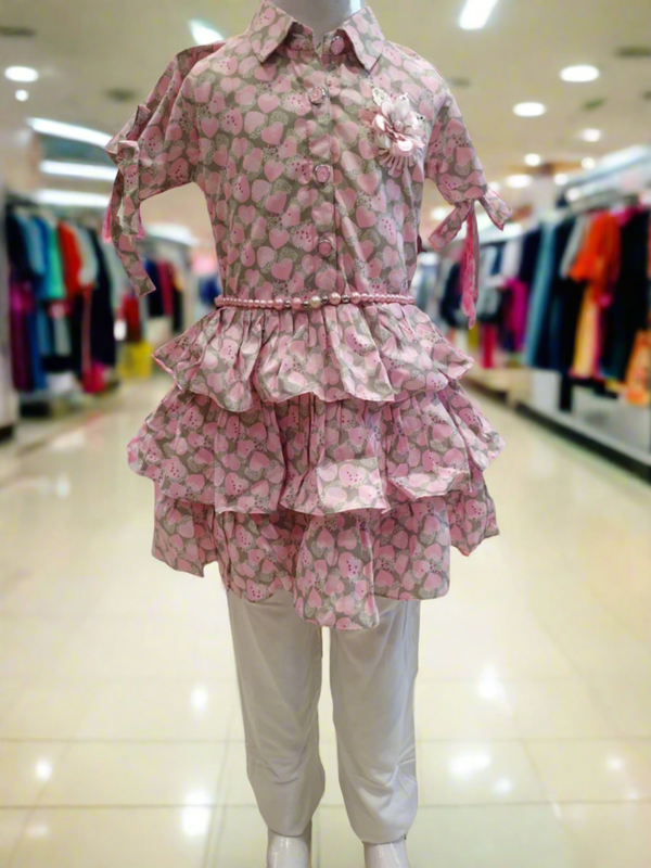 girls western frill top and legging model , pink & white ( wtbx 3)