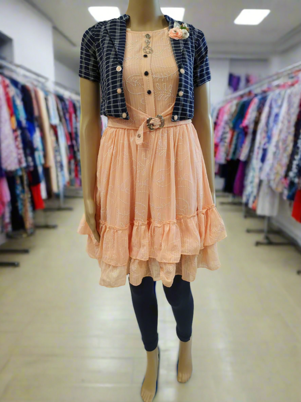 girls 4 piece western dress with legging and coat, peach& blue( wtbx 11)