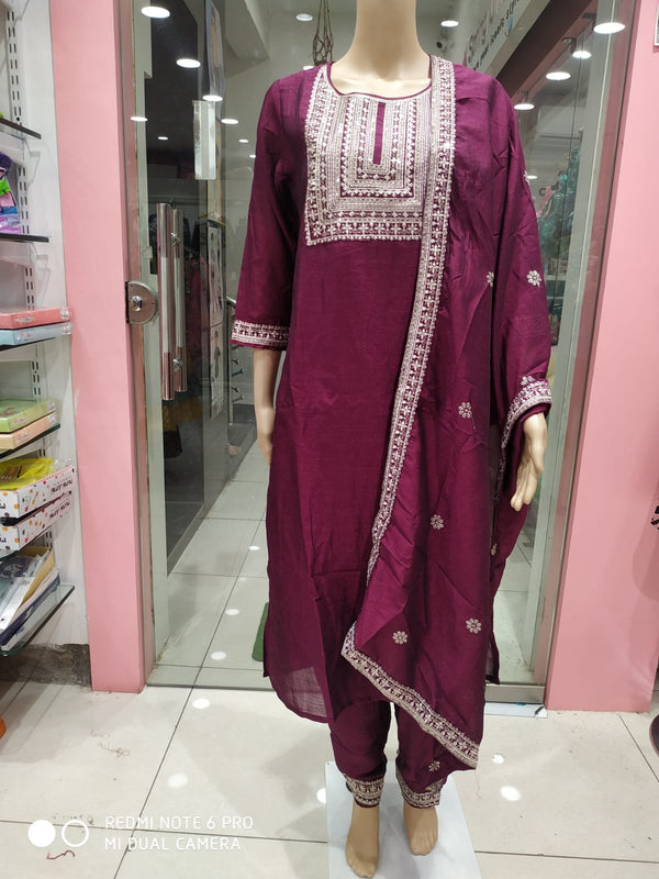 Women's party wear kurti set with pant and dupatta, wine colour( NL 3)