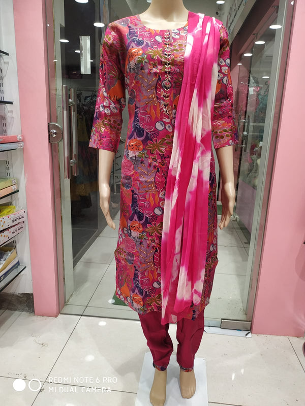 Women's kurti set with pant and dupatta, pink( NL 5)