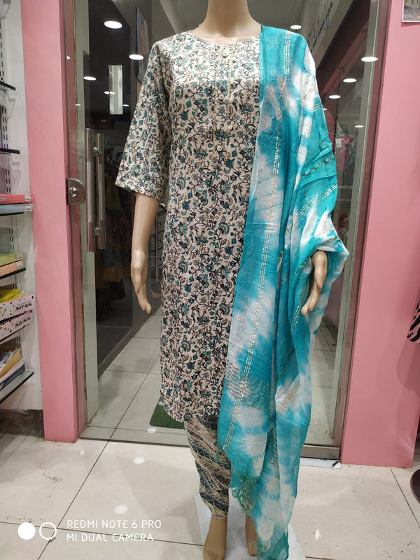 Women's kurti set with pant and dupatta white&blue ( NL 6)
