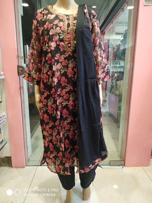 Women's kurti set with pant and dupatta, plus size black (NL 17)
