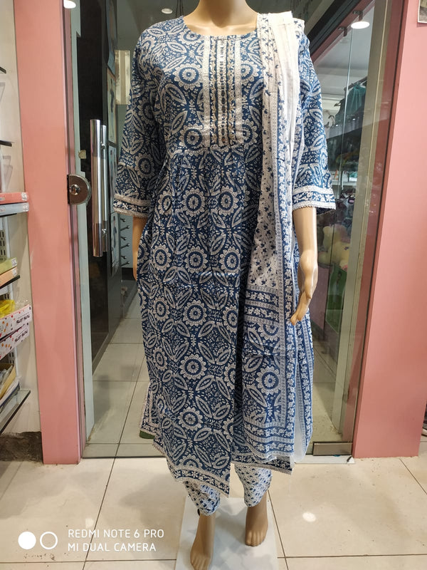 Women's kurti set with pant and dupatta blue/pink/yellow( NL 21)
