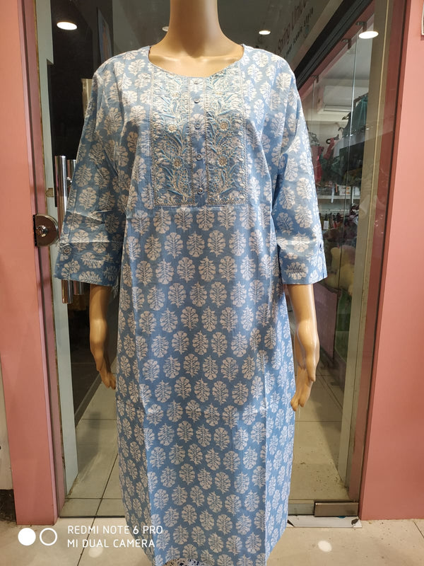 straight cut kurti pure cotton , skyblue/ pink , plus size( NL 22)