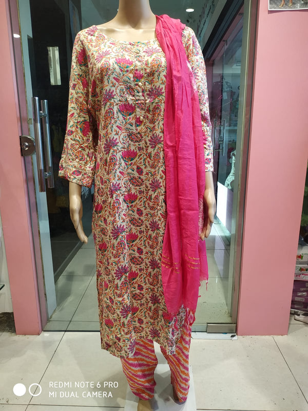 Women's kurti set with pant and dupatta, plus size pink( NL 26)