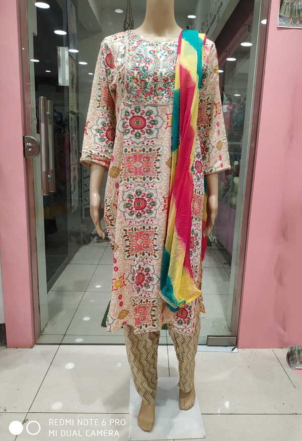 Women's kurti set with pant and dupatta, white and multicolour( NL 10)