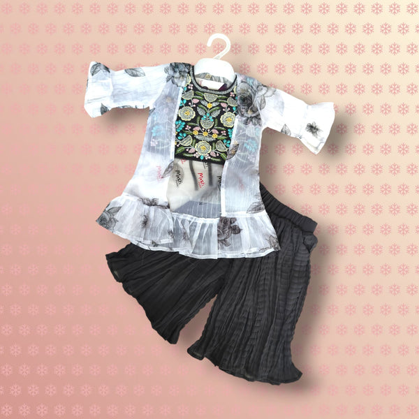 Girls Grey & Black 3 -piece indo-western sharara set with shrug