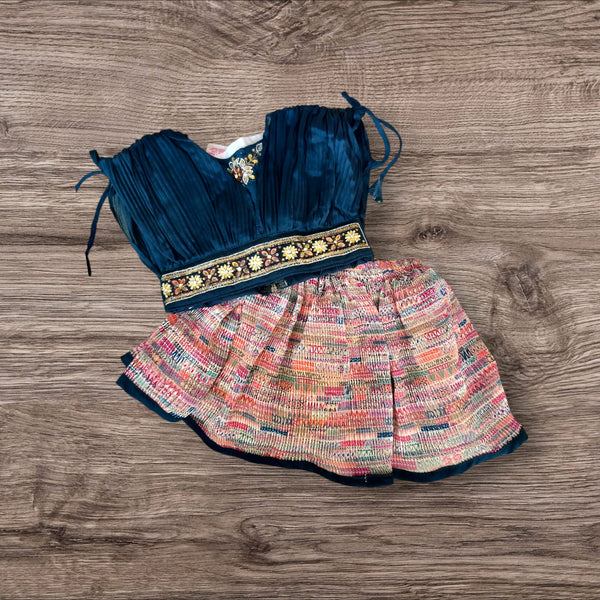 Girls navy blue embellished sleeveless top with multicolor crushed flayered skirt co-ord set