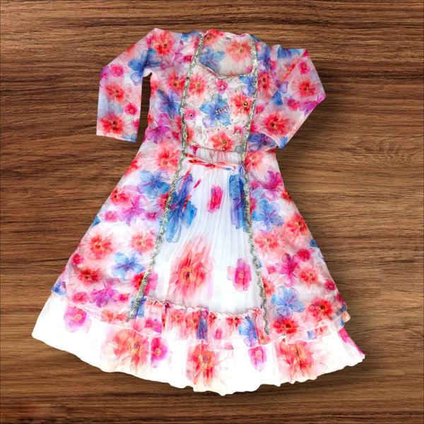 Girls White Floral A-Line Party Frock with Matching Shrug