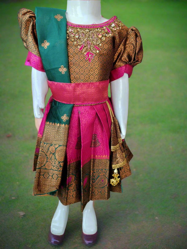 Girls teal& pink pattu dress with dupatta | wedding & festive wear