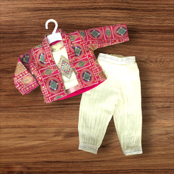 Baby Girl Indo Western 3-Piece Dress - Red & White Festive Co-ord Set