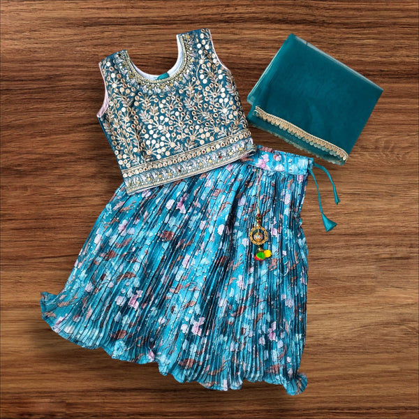 Girls Festive Lehenga Choli Set with Dupatta - Teal Blue