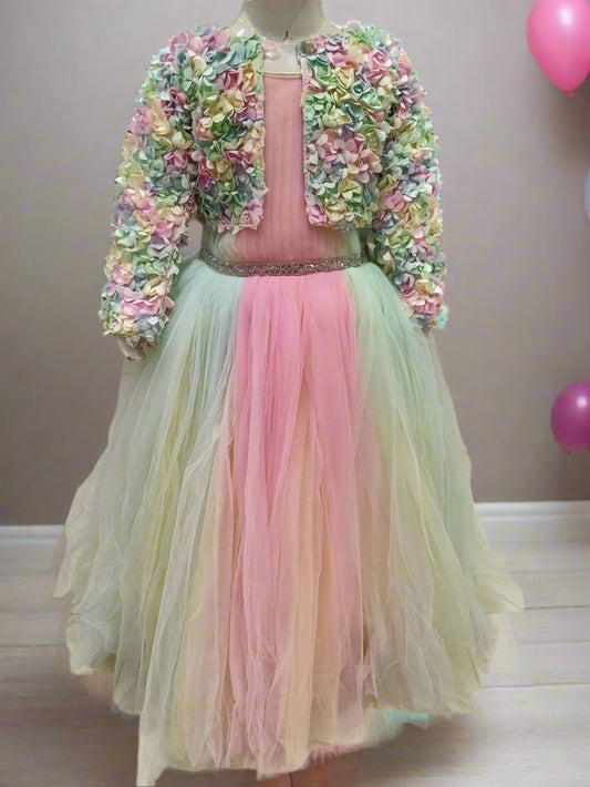 Rainbow birthday frock with flower coat (brb 12)