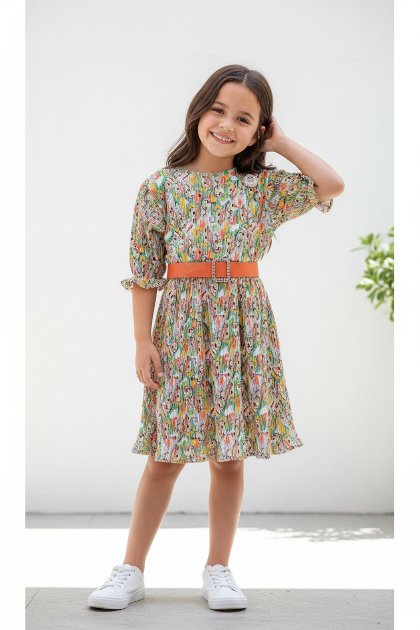 Girls Designer Multicolour Western Crinkle Dress