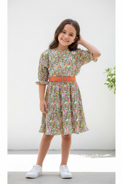Girls Designer Multicolour Western Crinkle Dress