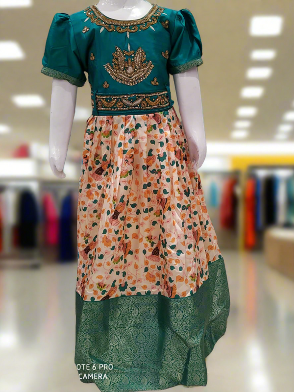 girls festive wear , beautiful frock/ gown, kalamkari print , green ( e 48)