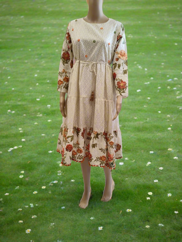 Flayered Umbrella partywear short dress , offwhite with thread work( Lst 4)