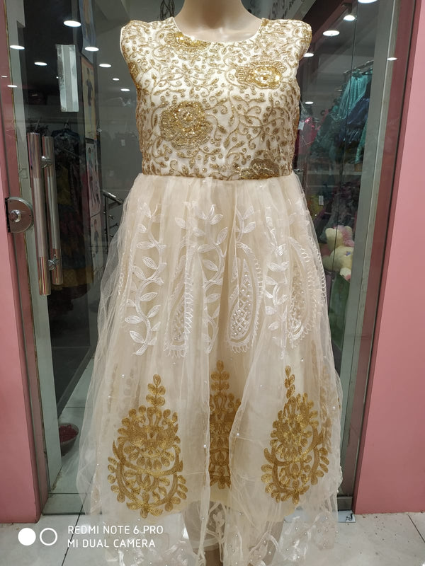 girls beautiful frock, off white & golden ( e 2)