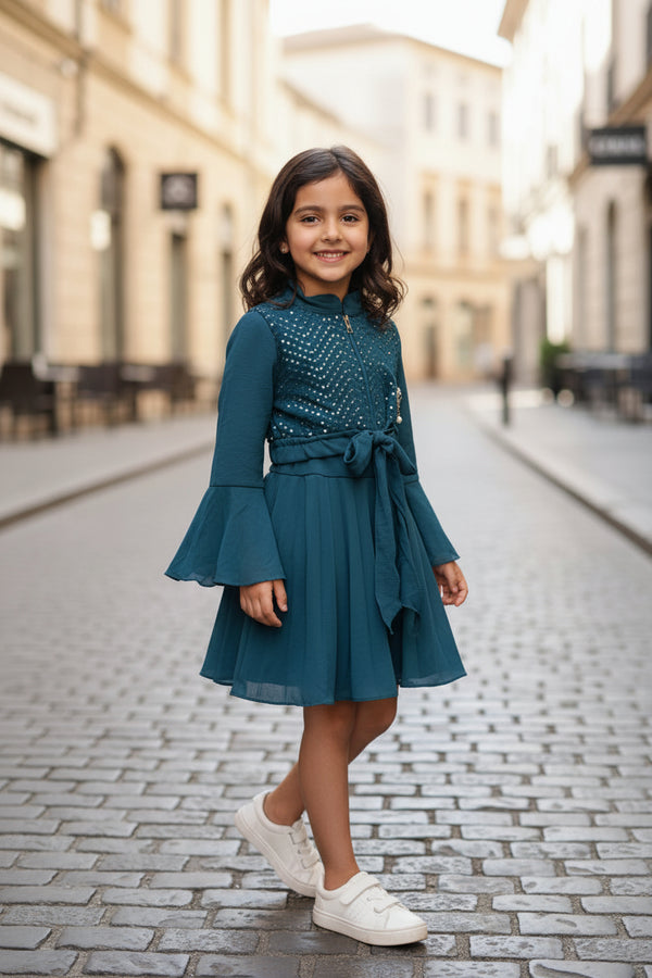 Girls Indo-Western Teal Blue Flared Dress with Leggings & Sequined Jacket