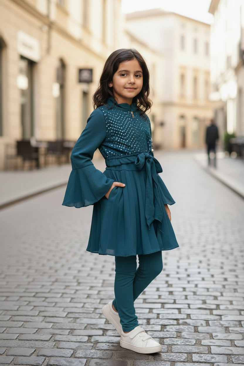 girls indo-western kurti set with jacket, blue ( Z 3)