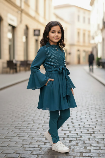 girls indo-western kurti set with jacket, blue ( Z 3)