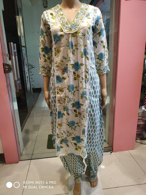 Women's kurti set with pant ,cotton white ( NL 24)