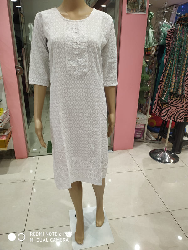 straight cut kurti plain white with thread work( Lst 5 )