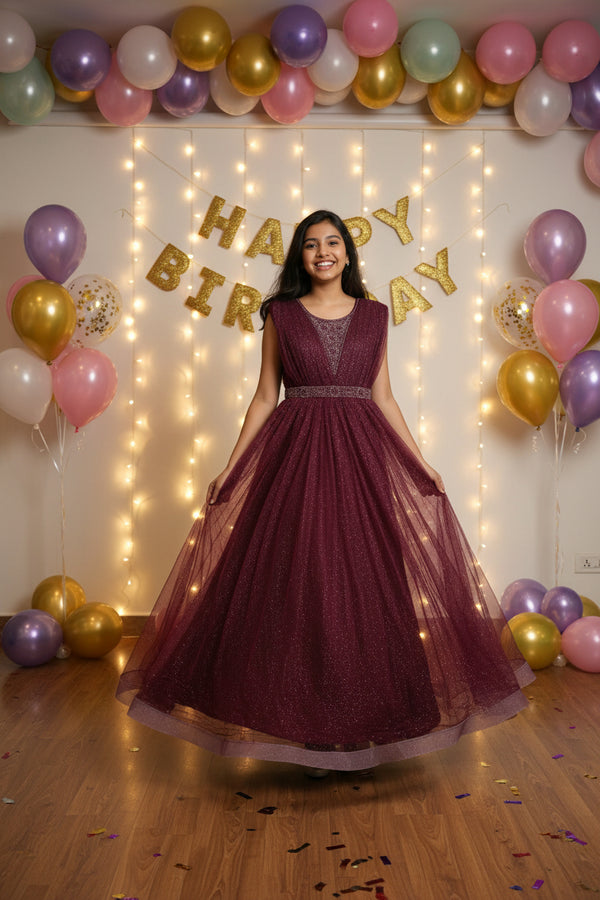 Wine Embellished Princess Party Gown & Frock