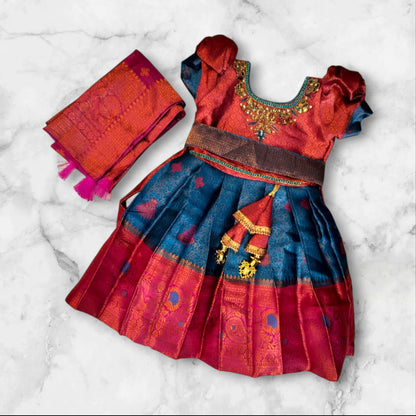 traditional wear , semi pattu frock with dupatta ,pink /blue( NN ep 16)