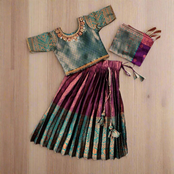 Girls Green and Purple Traditional Pattu Lehenga Choli Set