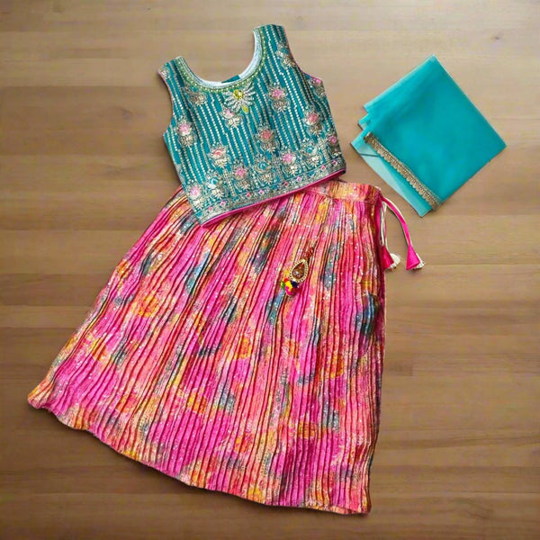 Girls Pink and Green Traditional Floral Lehenga Choli Festive Set