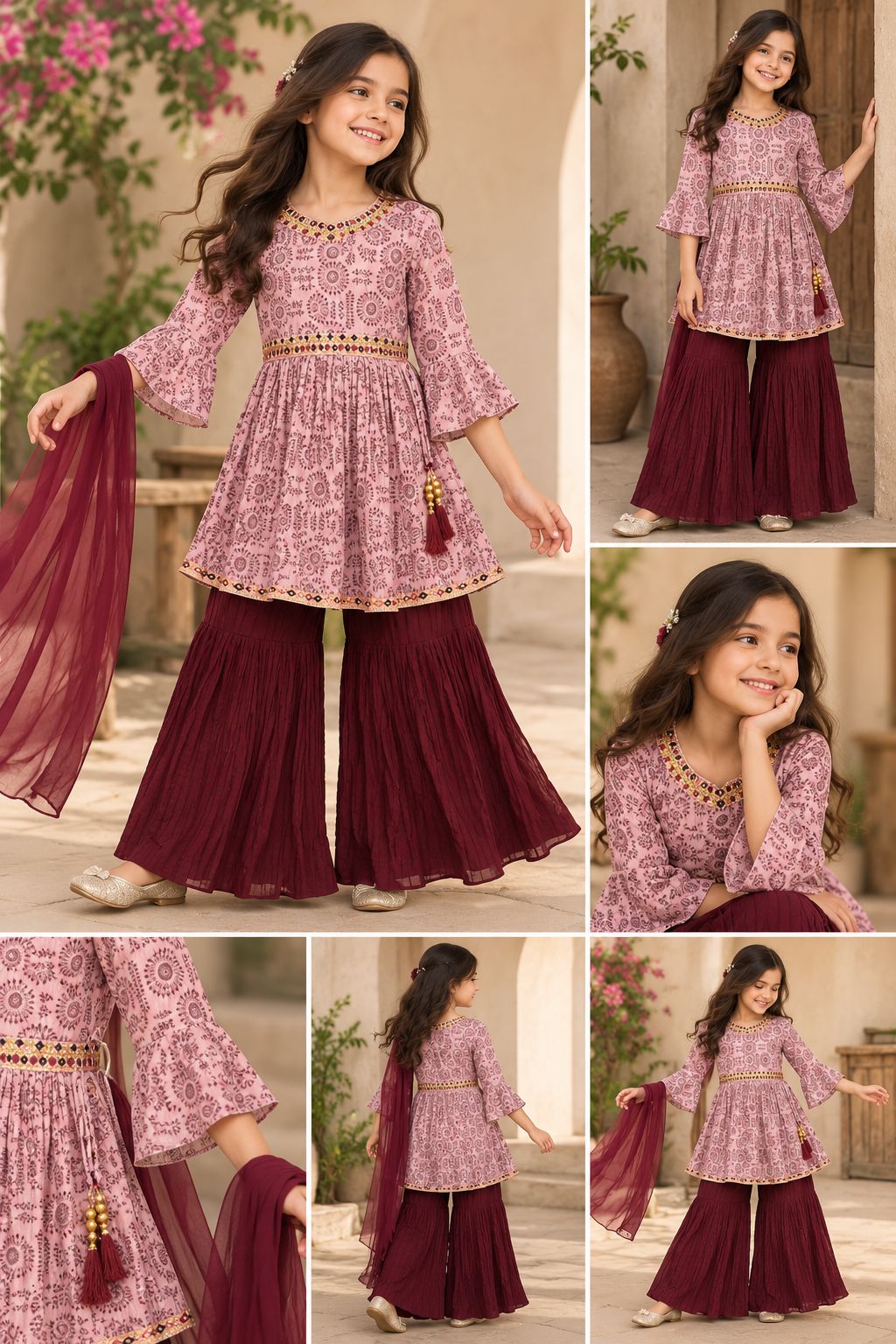 Girls Indo-Western Peplum Top & Flared Sharara Set with Dupatta - Maroon