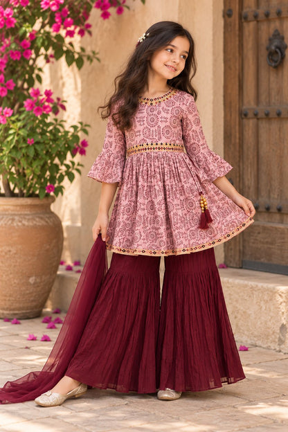 Girls Indo-Western Peplum Top & Flared Sharara Set with Dupatta - Maroon