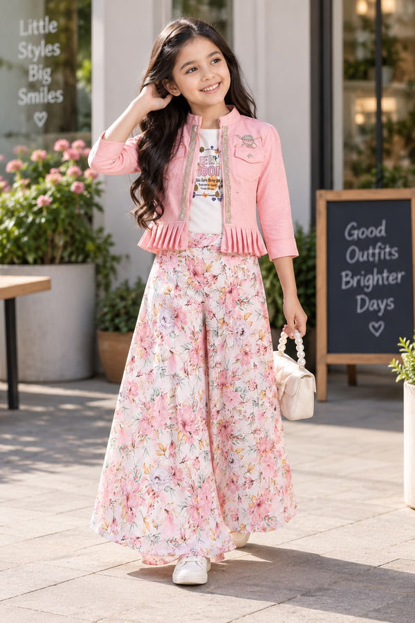 Girls Western 3-Piece Floral Top & Wide-Leg Palazzo Set with Jacket - Baby Pink
