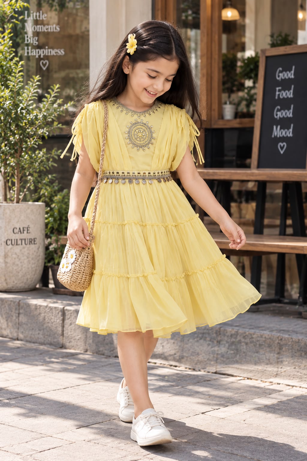 Girls Lemon Yellow Layered Dress with Complimentary Leggings | Sizes 4-6Y