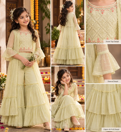 Girls Lemon Yellow 3-Piece Crop Top Sharara Set with shrug (5-9Y)