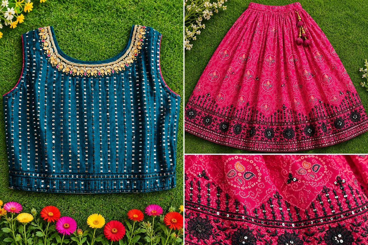 Girls Pink & Rama Green Printed Ethnic Lehenga Choli Set (4-7Y)