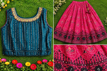 Girls Pink & Rama Green Printed Ethnic Lehenga Choli Set (4-7Y)