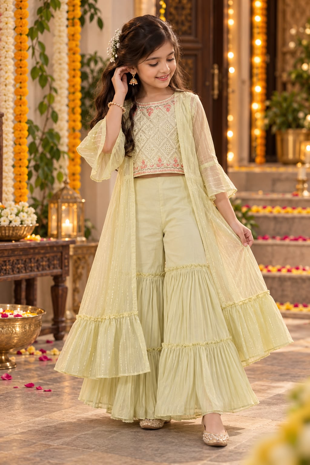 Girls Lemon Yellow 3-Piece Crop Top Sharara Set with shrug (5-9Y)